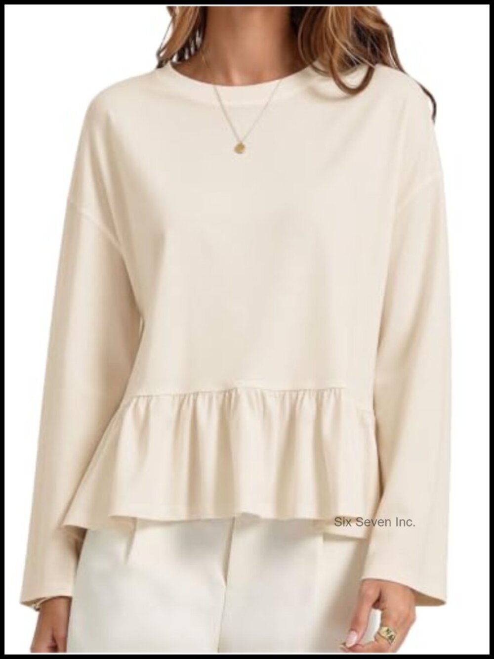Cotton Blend Ruffle Hem Babydoll Peplum Top Crew Neck Long Sleeve